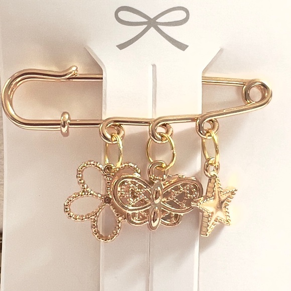 Handmade Jewelry - Gold Tone Butterfly & Star Charm Safety Pin Brooch